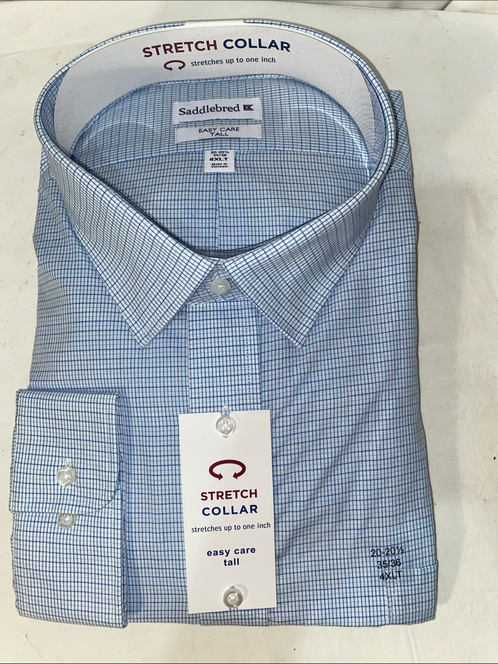 Saddlebred Light Blue and White Grid Stretch-Collar Dress Shirt